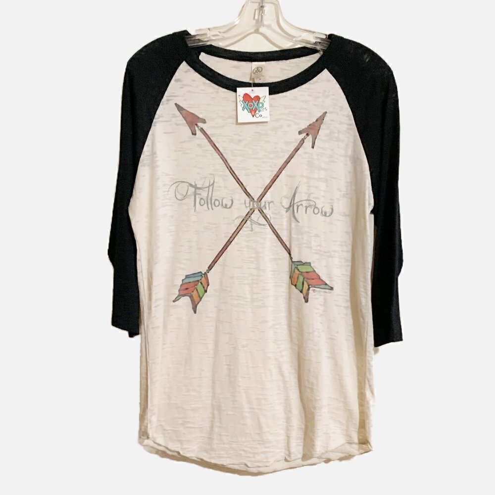 XOXO Art & Co. Graphic Design Jersey Crew Neck. "Follow Your Arrow" Size Medium